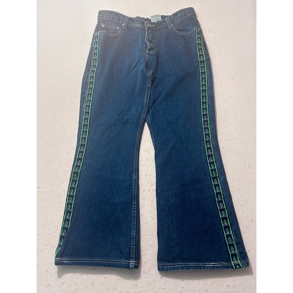 Vintage Jordache Women's 13/14 Flare Jeans Dark Wash Neon Green Side Tape